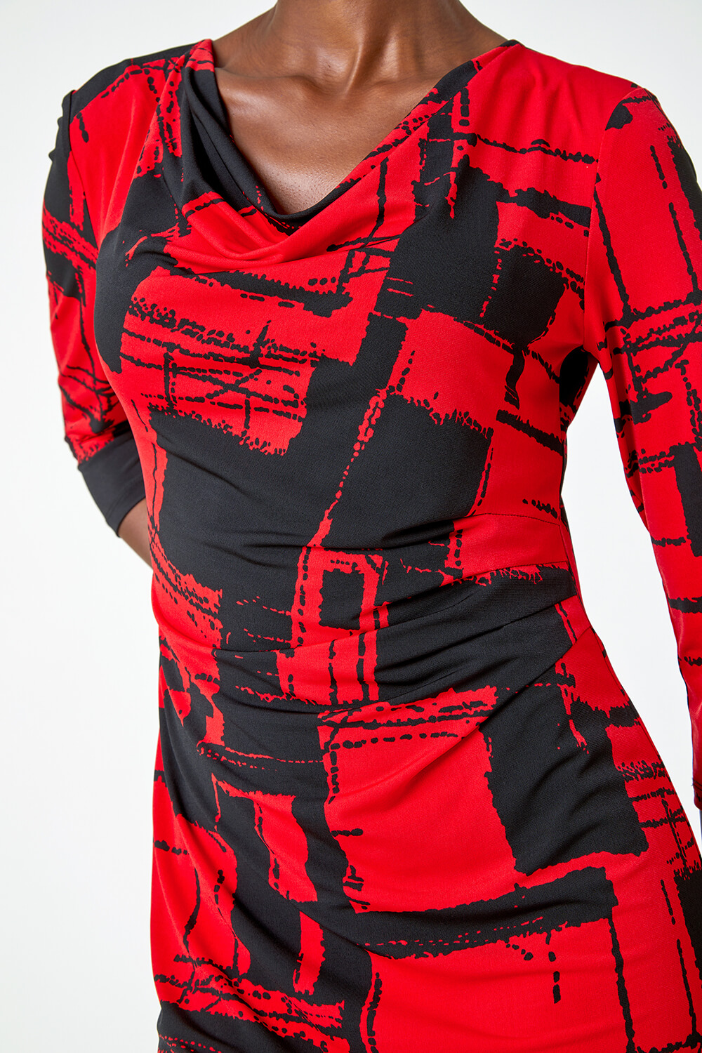 Red Abstract Print Cowl Neck Stretch Dress, Image 5 of 5