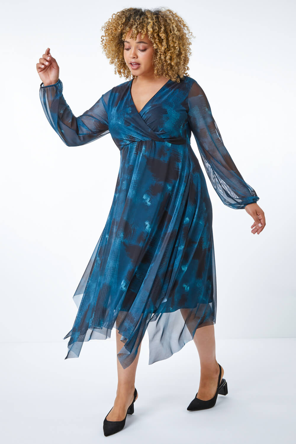 Teal Curve Abstract Print Wrap Dress, Image 4 of 5