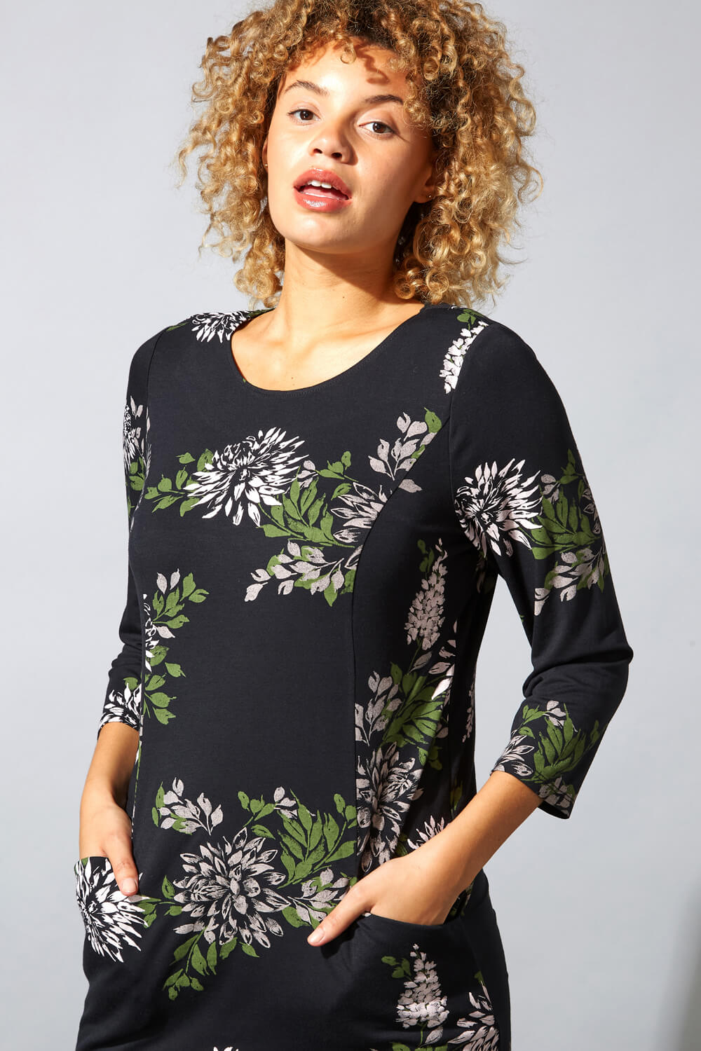 Black Floral Print Jersey Pocket Dress, Image 5 of 5