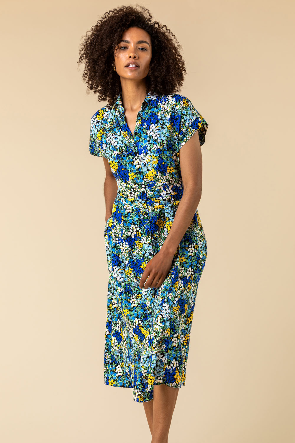 Blue Contrast Floral Print Shirt Dress, Image 4 of 5