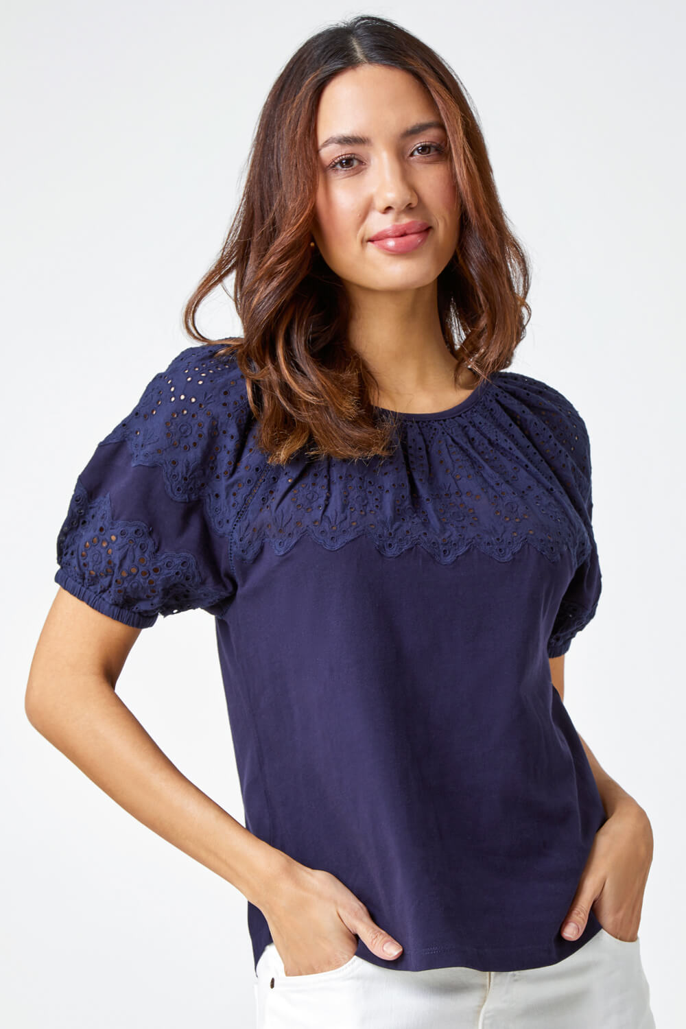 Navy  Cotton Broderie Puff Sleeve Top, Image 2 of 5