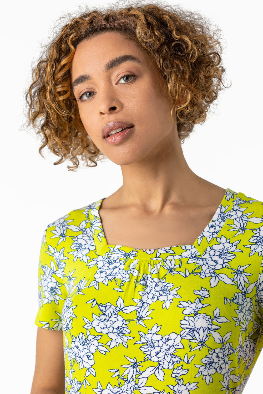 Lime Floral Print Square Neck T-Shirt, Image 4 of 4