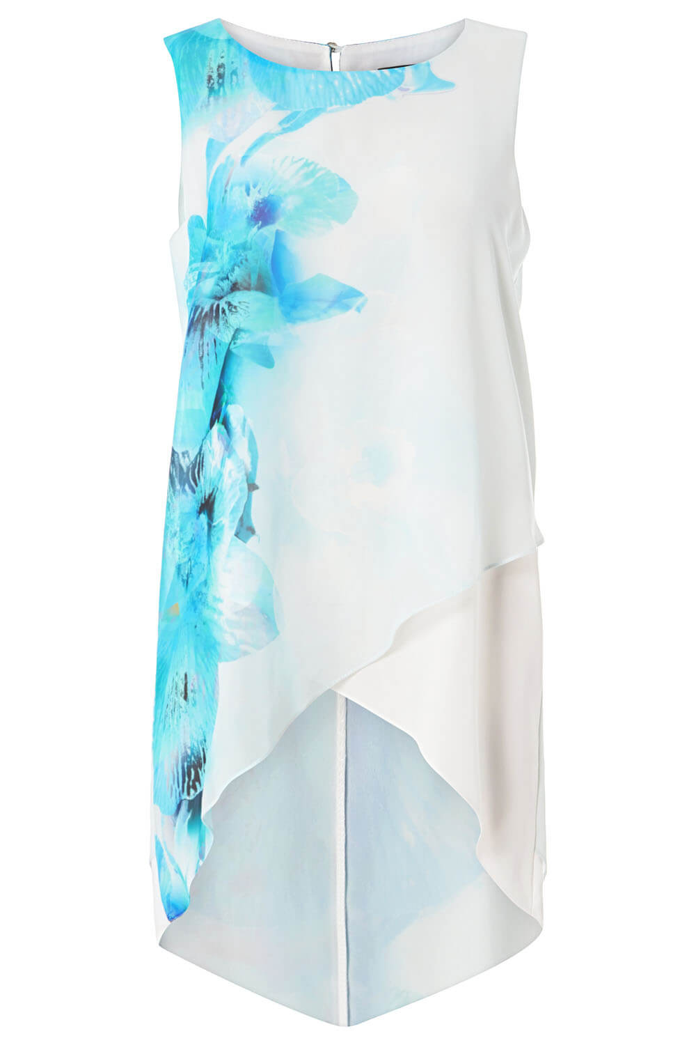 Turquoise Floral Print Asymmetric Chiffon Top , Image 5 of 5