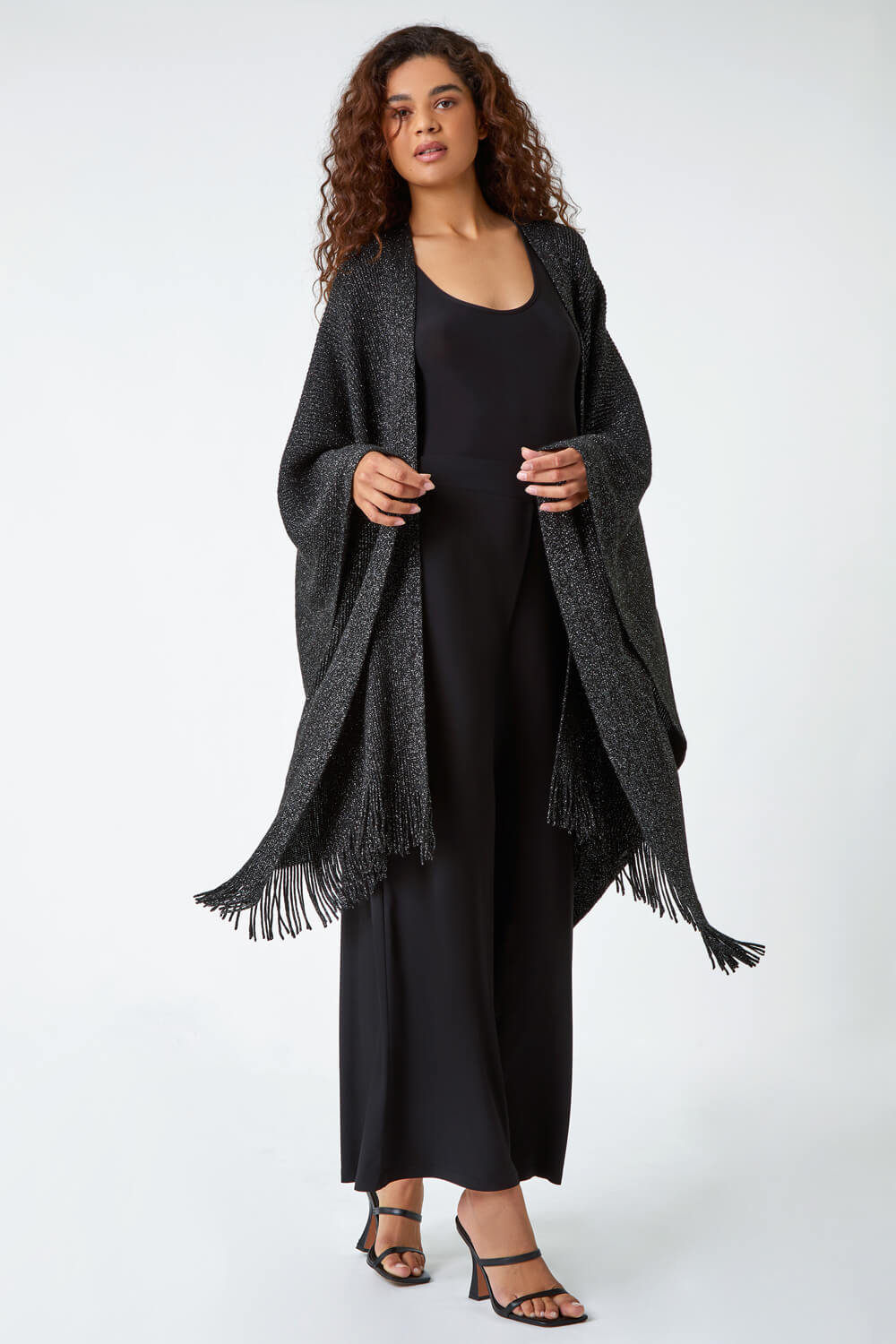 Black One Size Metallic Knit Fringe Cape, Image 2 of 5