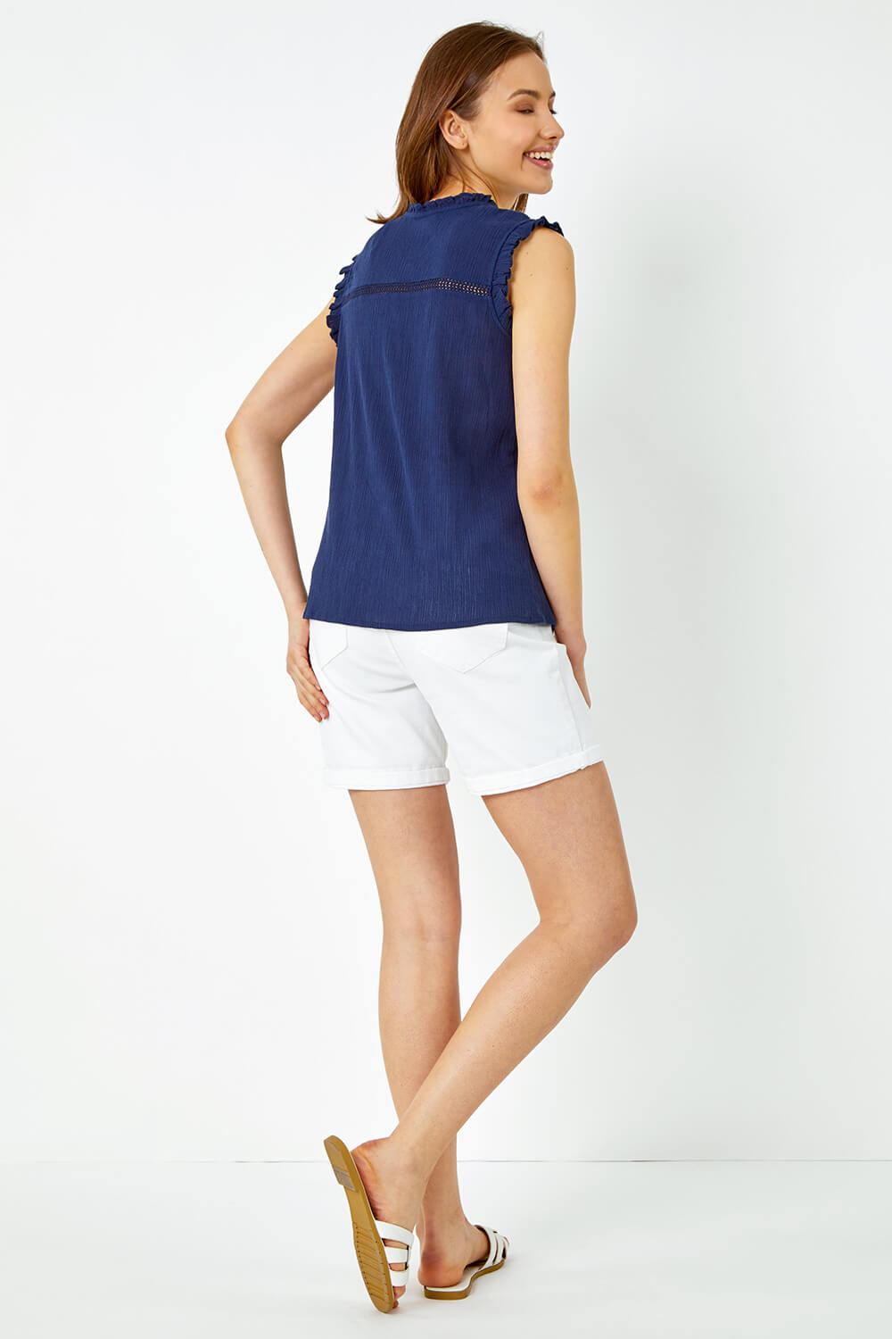 Navy  Ruffle Detail Cotton Crinkle Top, Image 3 of 5