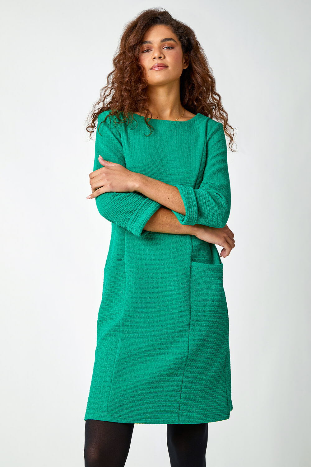 Green Textured Pocket Cotton Blend Shift Dress, Image 1 of 5