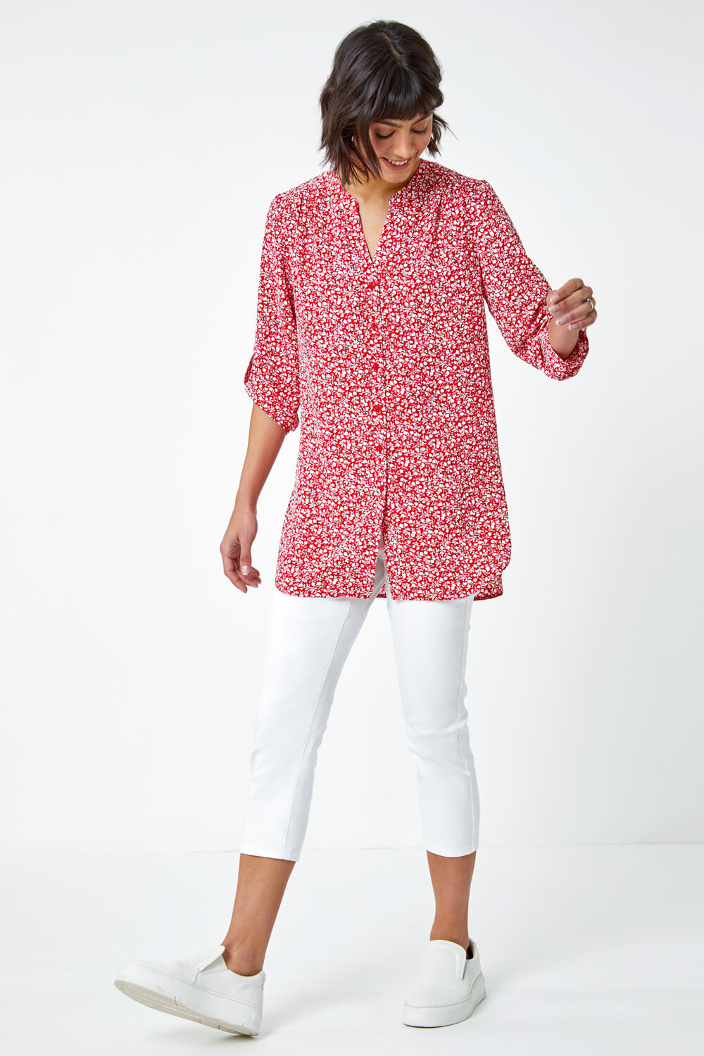 Red Ditsy Floral Print Longline Blouse, Image 2 of 5