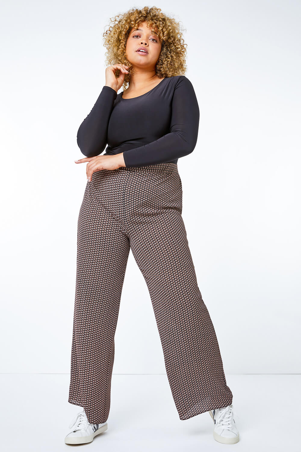 Mocha Curve Printed Wide Leg Trousers, Image 2 of 5