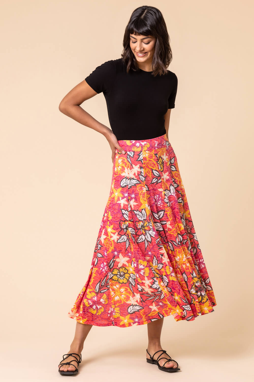 PINK Tropical Floral Burnout Midi Skirt, Image 3 of 4