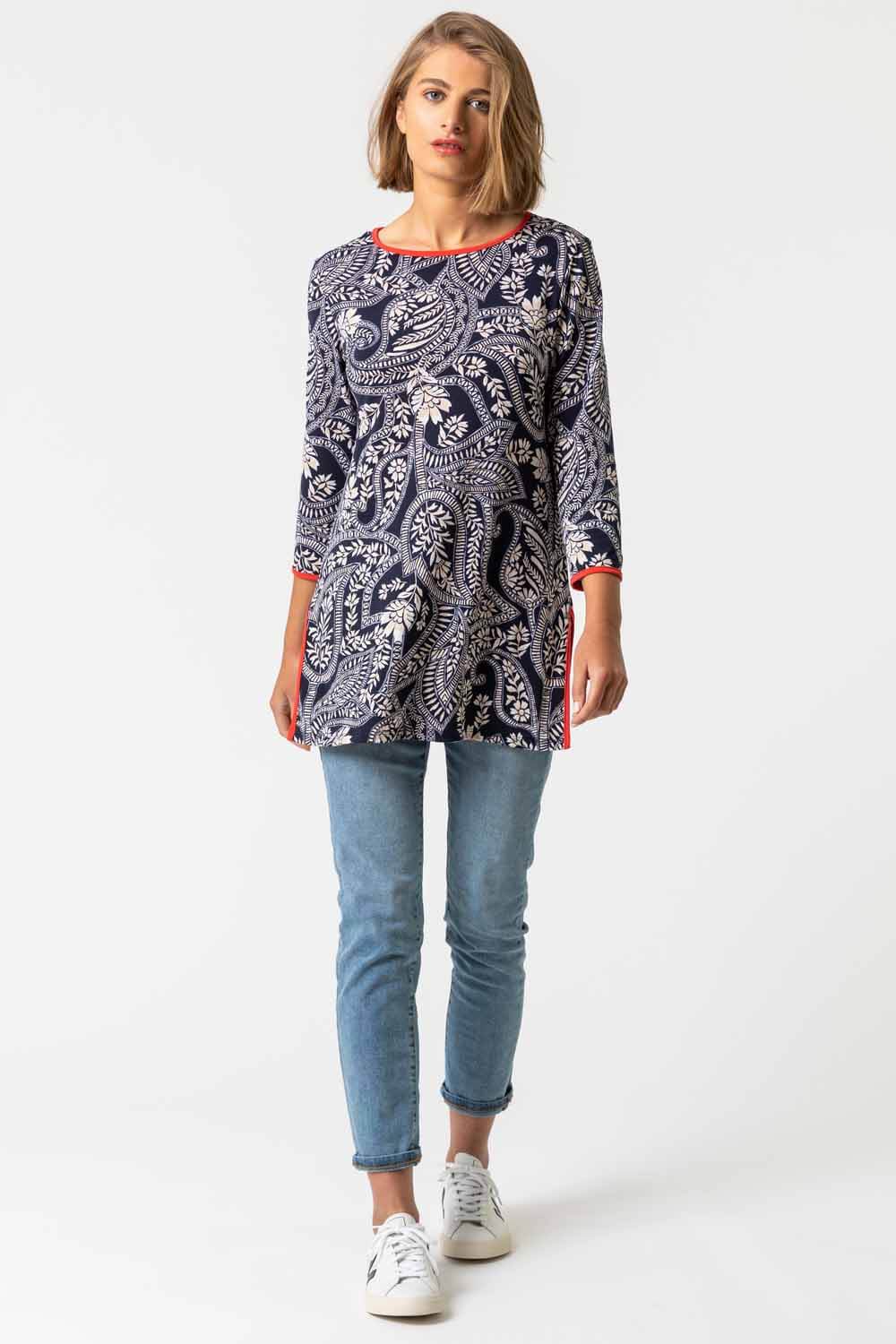 Navy  Paisley Print Contrast Trim Tunic Top, Image 3 of 4