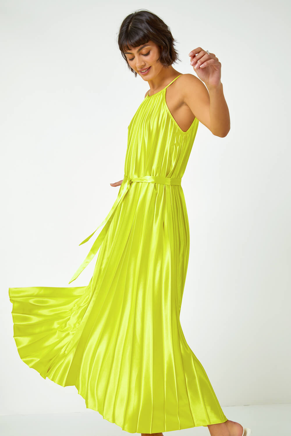 Lime Sleeveless Pleated Halter Neck Midi Dress, Image 2 of 5