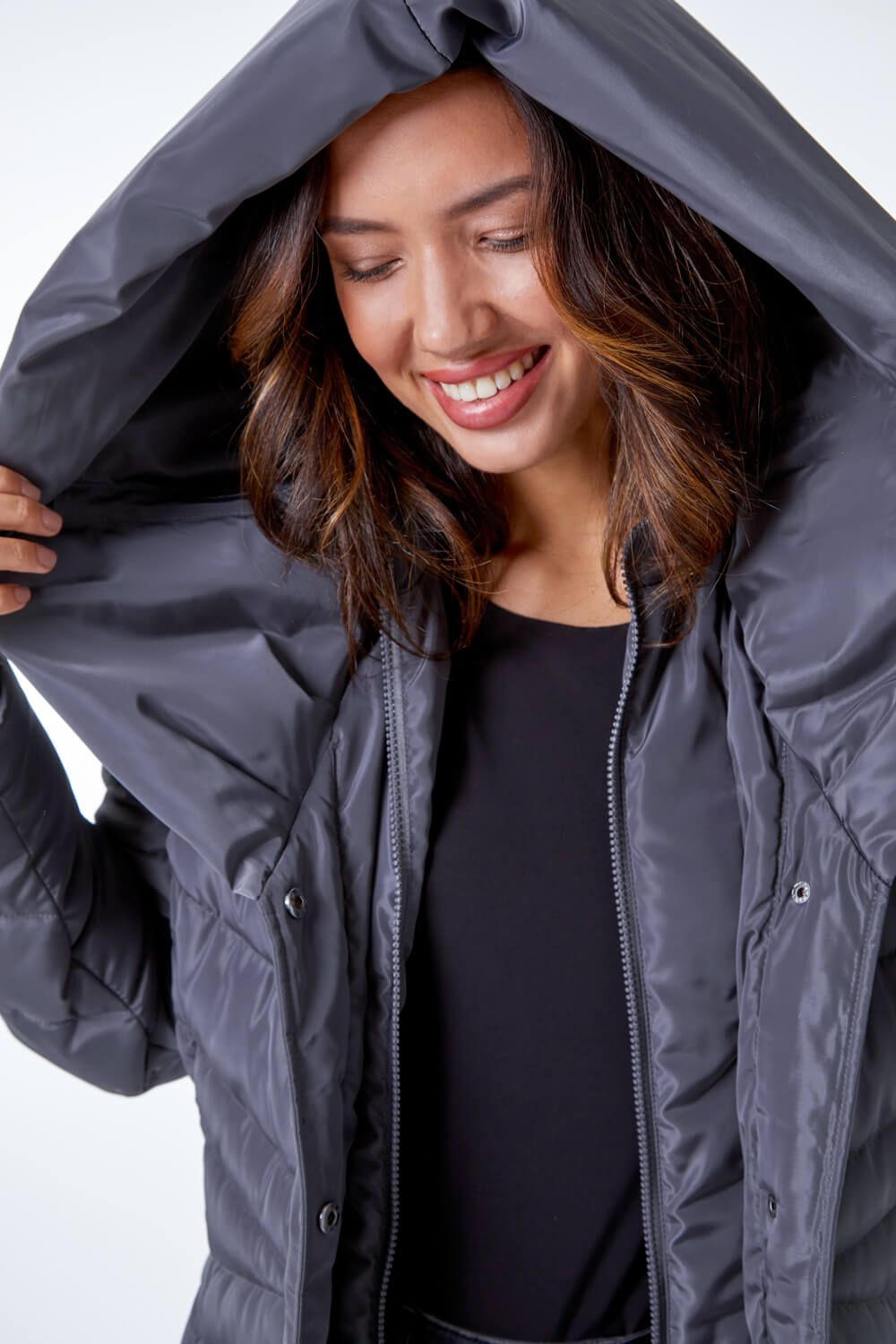 Charcoal Hooded Quilted Coat, Image 4 of 5