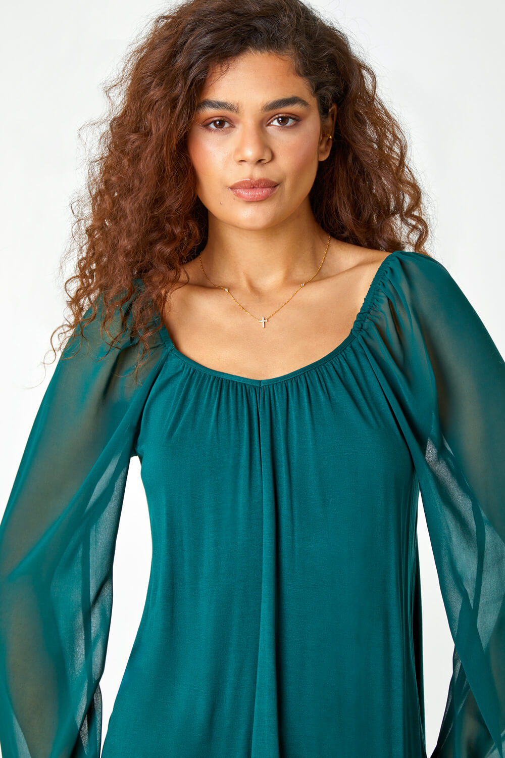 Green Contrast Chiffon Sleeve Stretch Top, Image 4 of 5