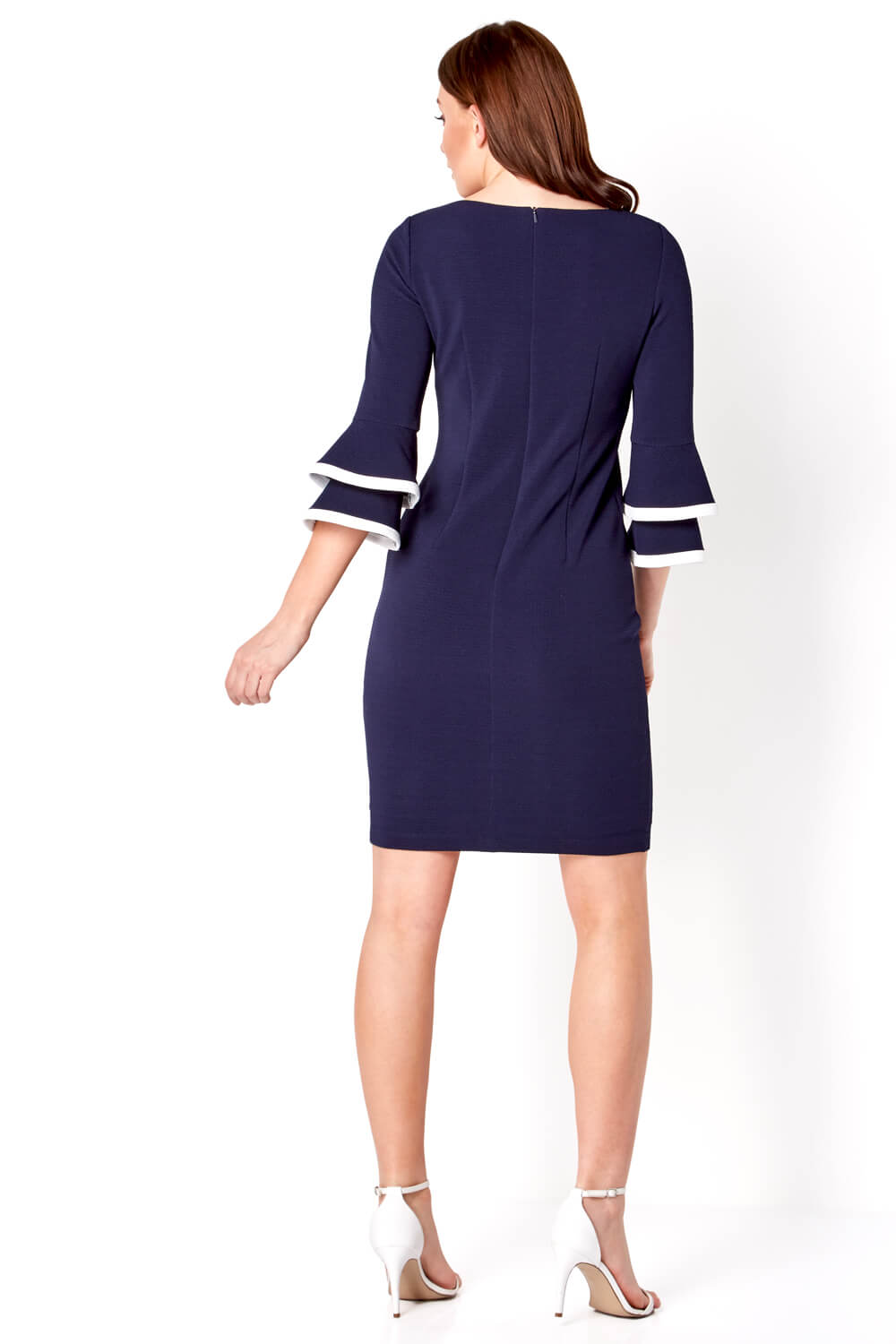 Navy  Double Fluted 3/4 Length Sleeve Dress, Image 3 of 4