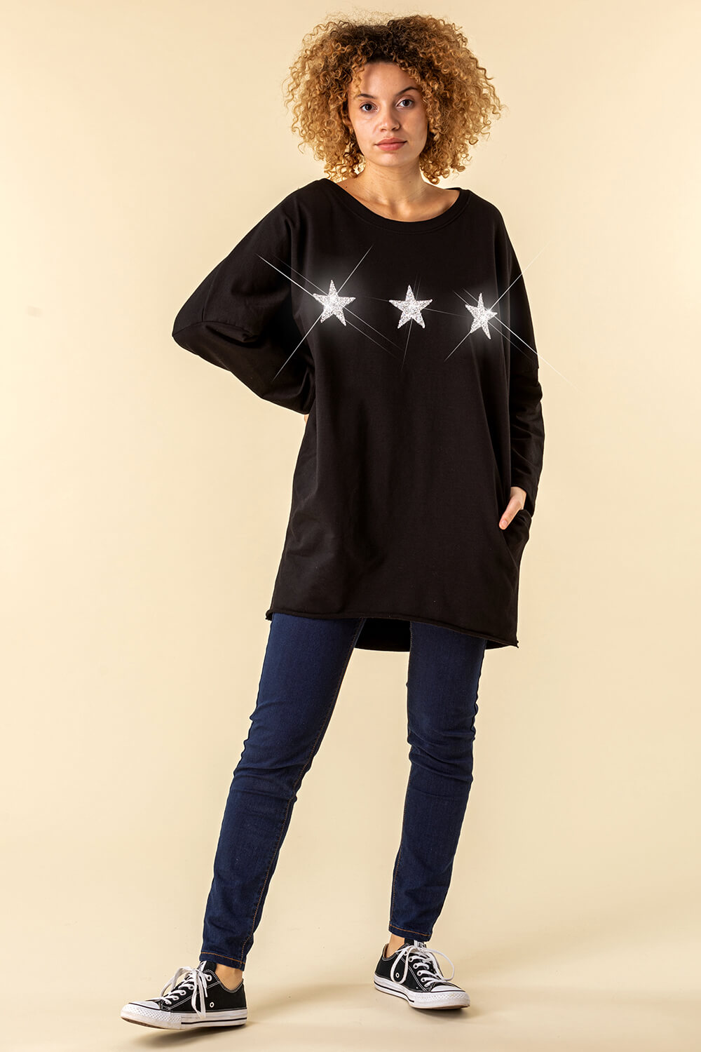 Black One Size Long Sleeve Sequin Star Top, Image 2 of 4