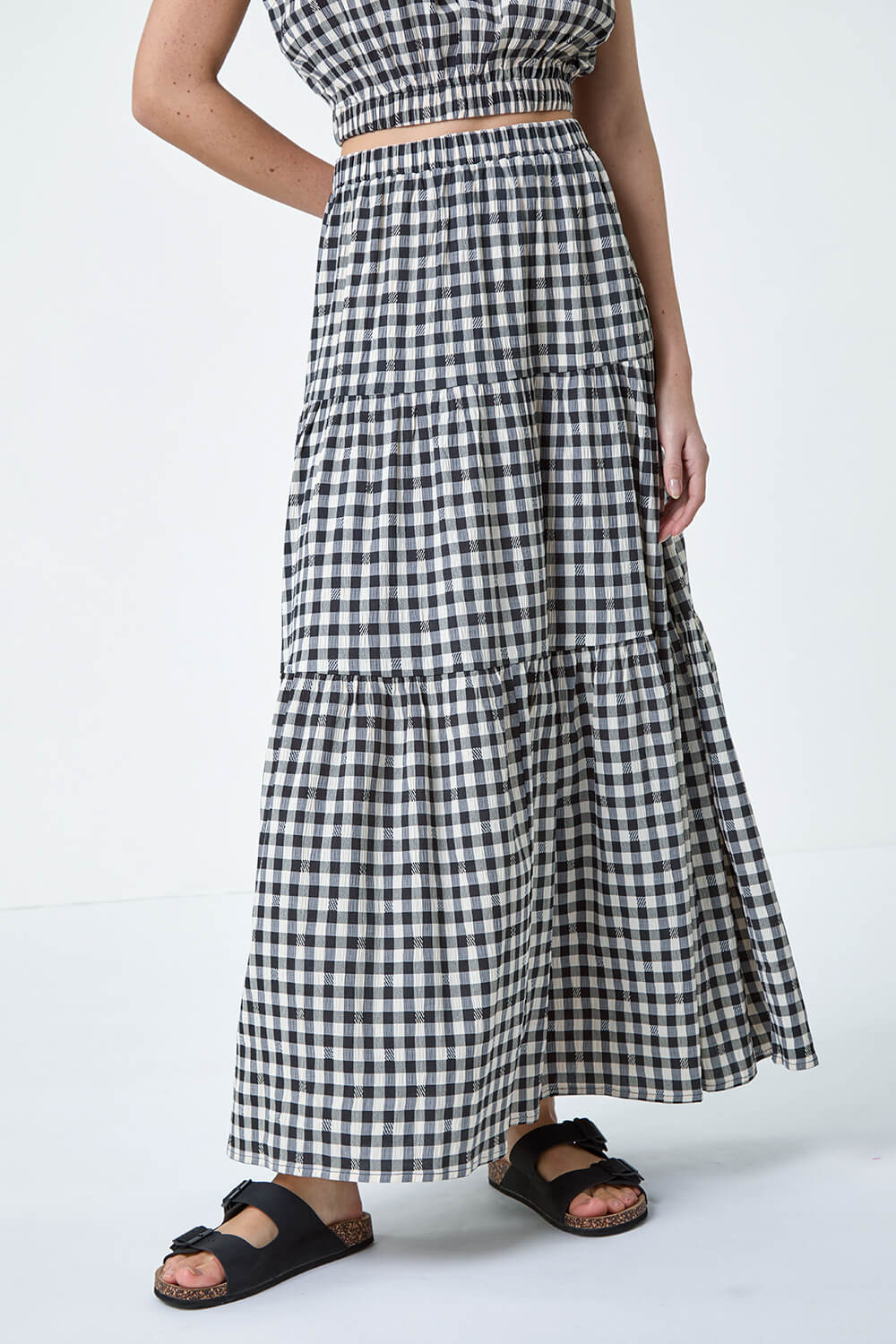 Black Gingham Check Tiered Maxi Skirt, Image 4 of 7
