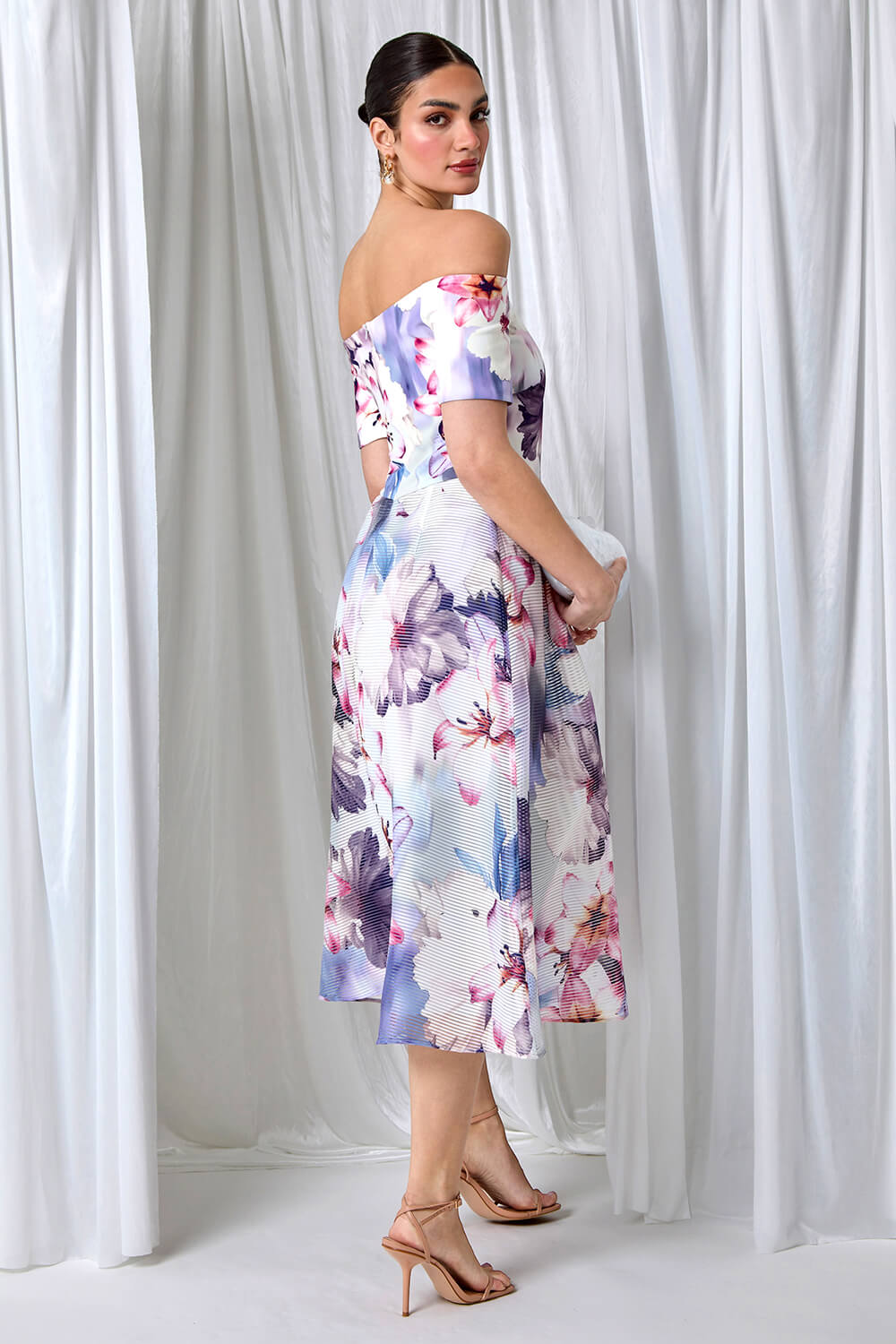 Grey Floral Print Premium Stretch Bardot Dress, Image 2 of 6