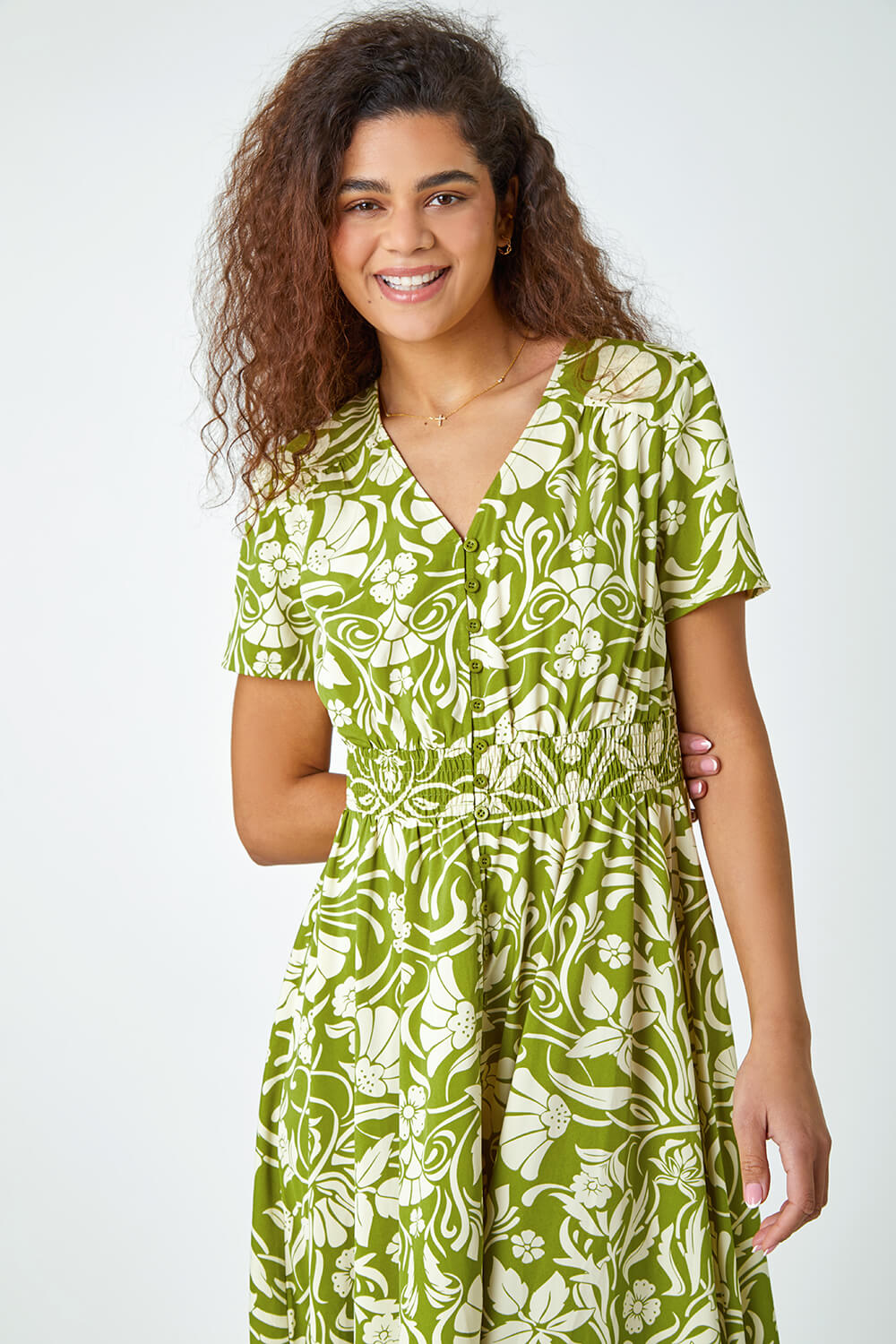 Lime Floral Print Button Detail Maxi Dress, Image 4 of 5