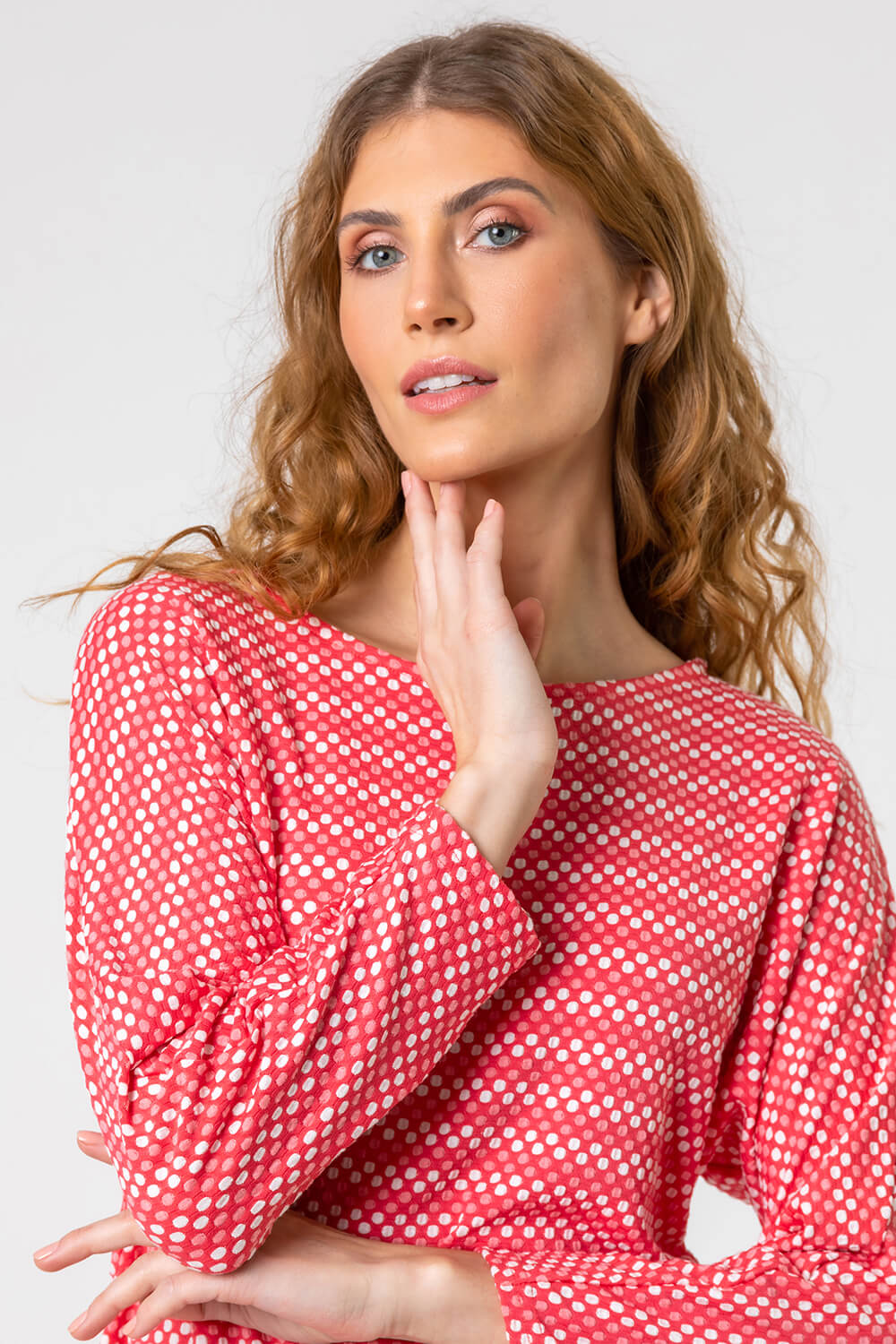 Red Textured Spot Print Stretch Top, Image 4 of 4