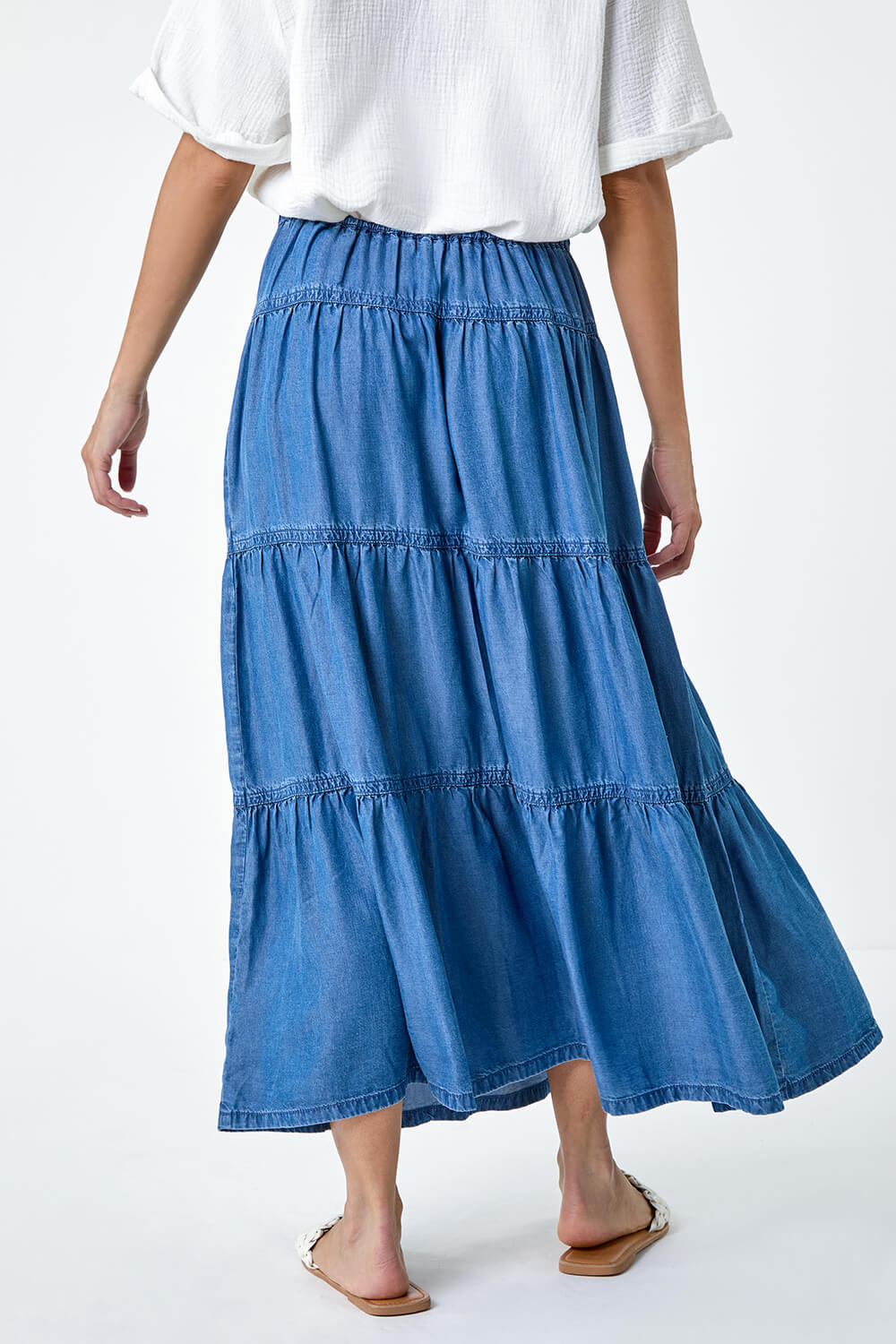 Dark Blue Denim Wash Tiered Maxi Skirt, Image 3 of 5
