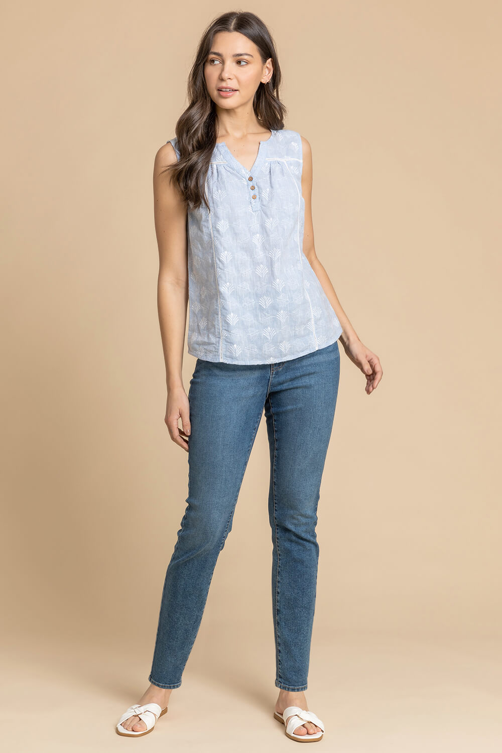 Light Blue  Sleeveless Embroidered Cotton Blouse, Image 2 of 4