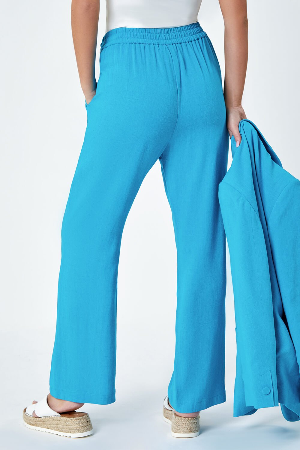 Turquoise Petite Wide Leg Linen Blend Trouser, Image 3 of 7