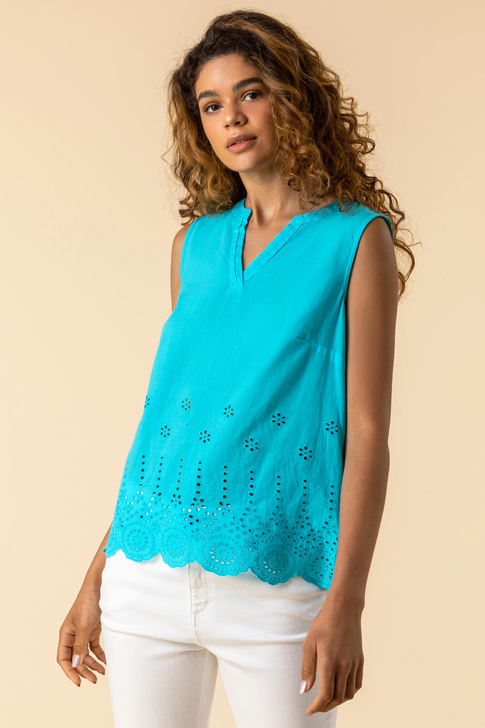 Teal Scalloped Broderie Cotton Top , Image 4 of 4