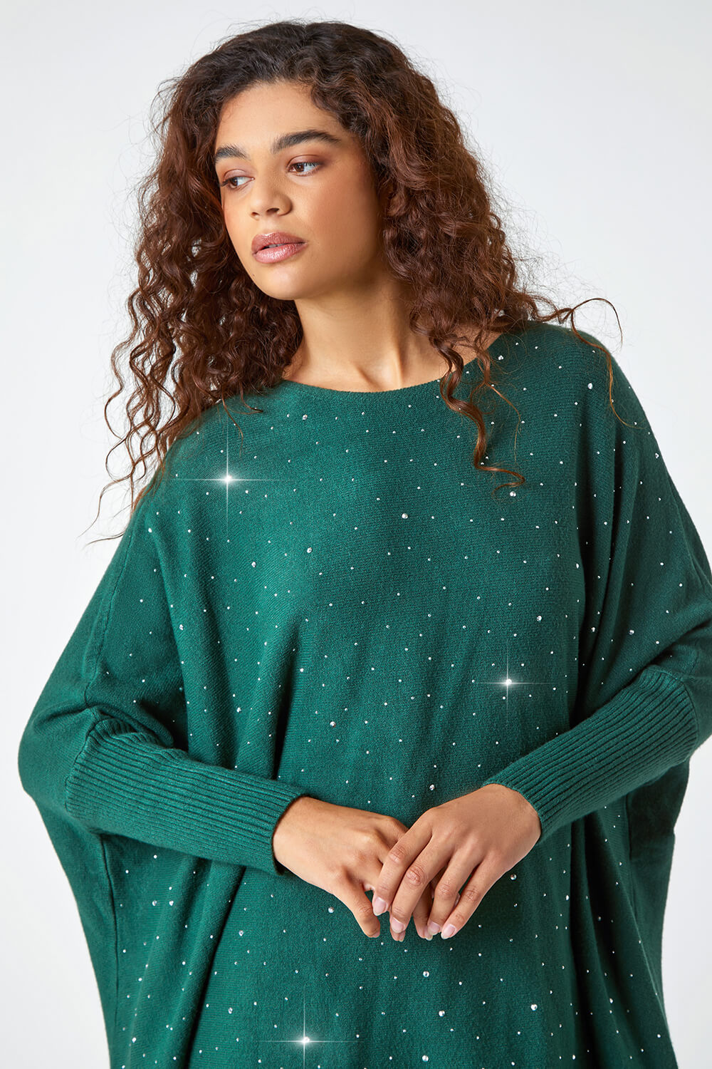 Emerald Longline Sparkle Embellished Tassel Poncho, Image 4 of 5