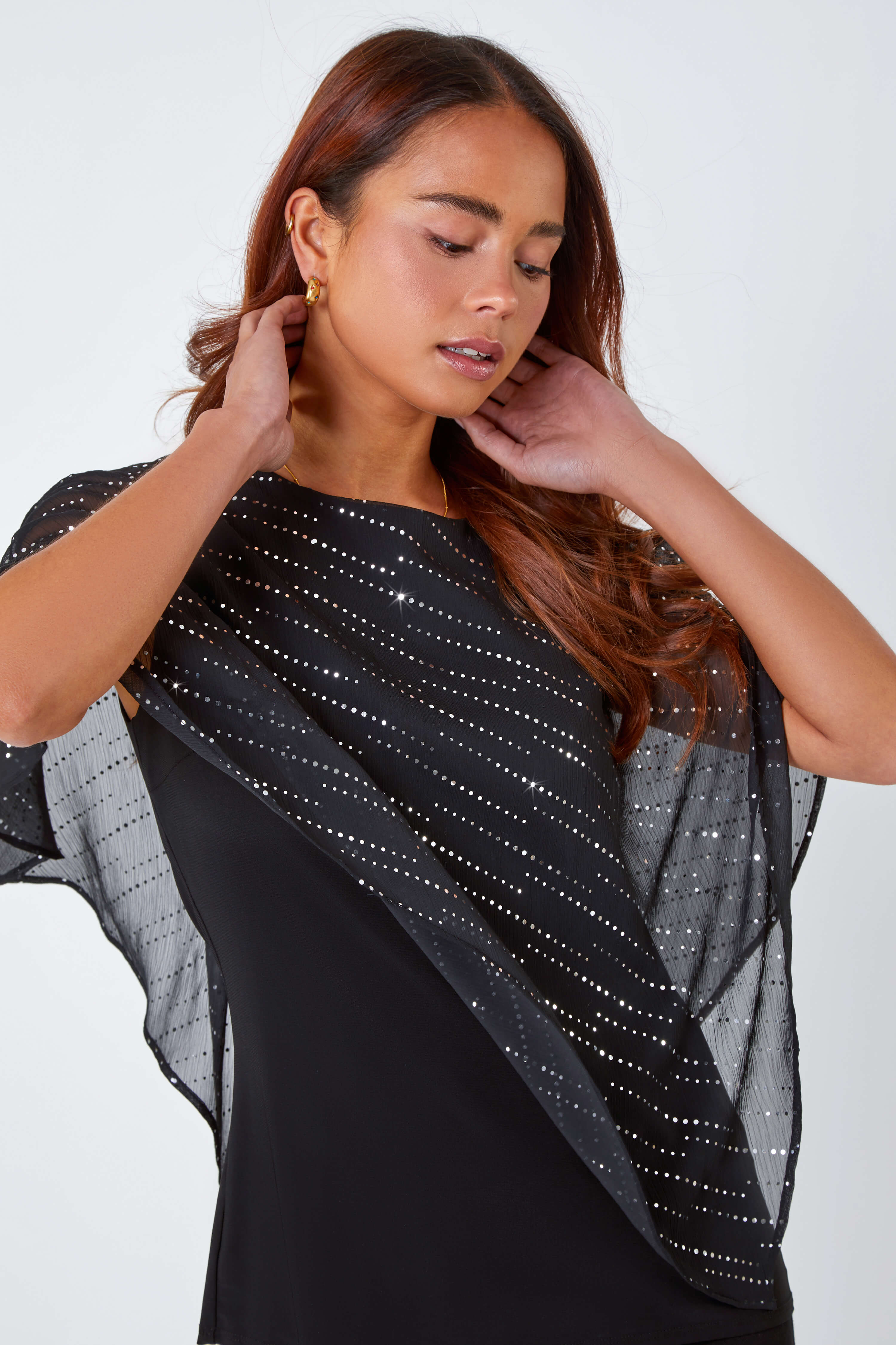 Multi  Petite Shimmer Chiffon Overlay Stretch Top, Image 4 of 5