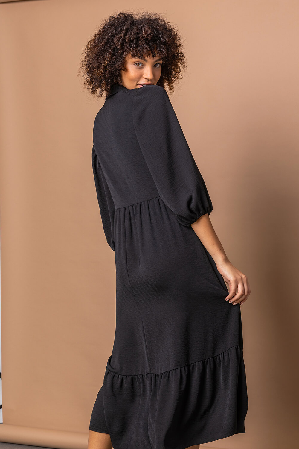Black Tiered Midi Length Shirt Dress, Image 2 of 5