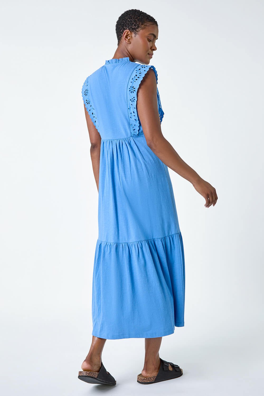 Light Blue  Broderie Frilled Cotton Midi Dress, Image 3 of 5
