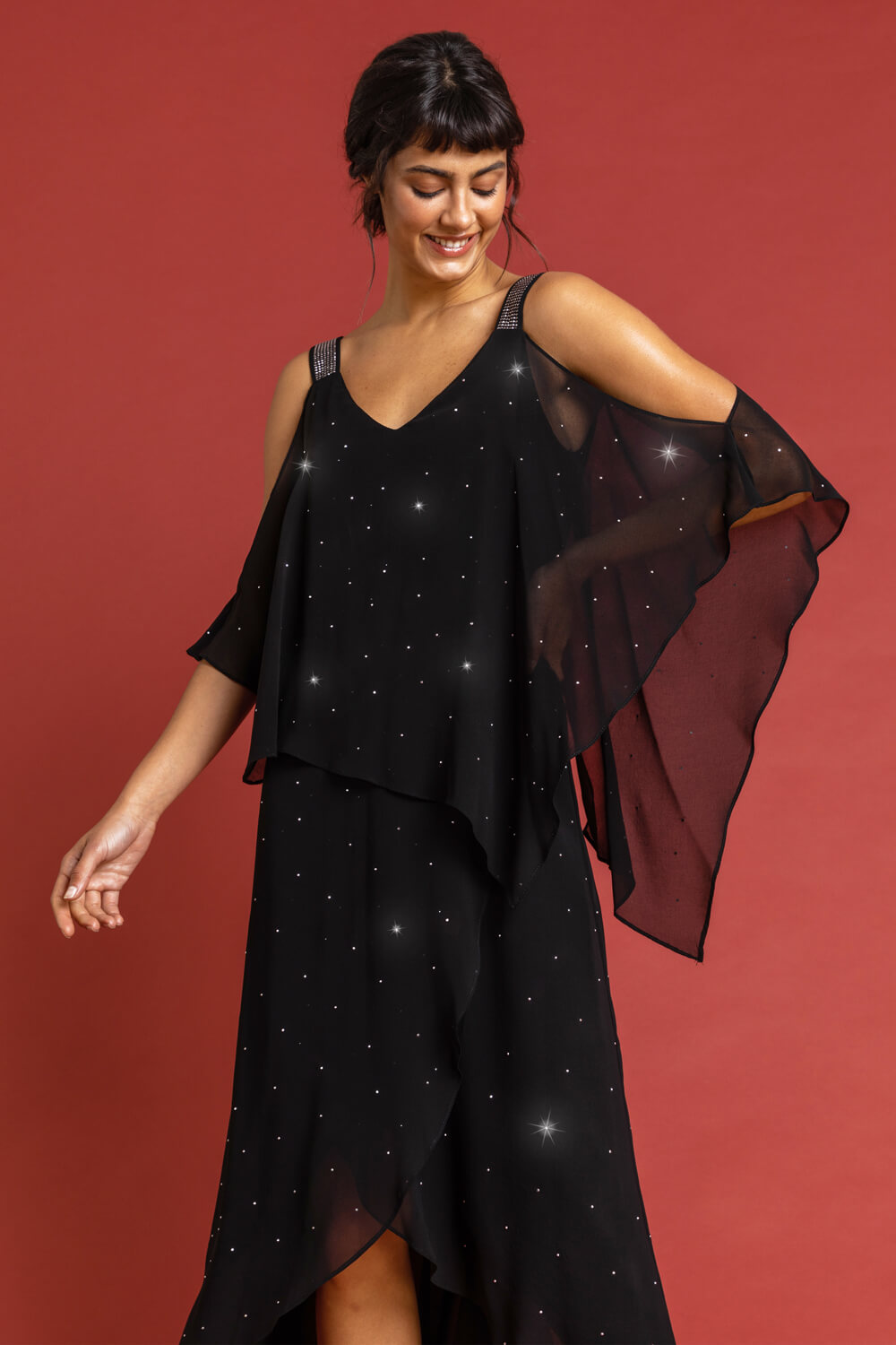 Black Diamante Embellished Chiffon Dress, Image 3 of 5