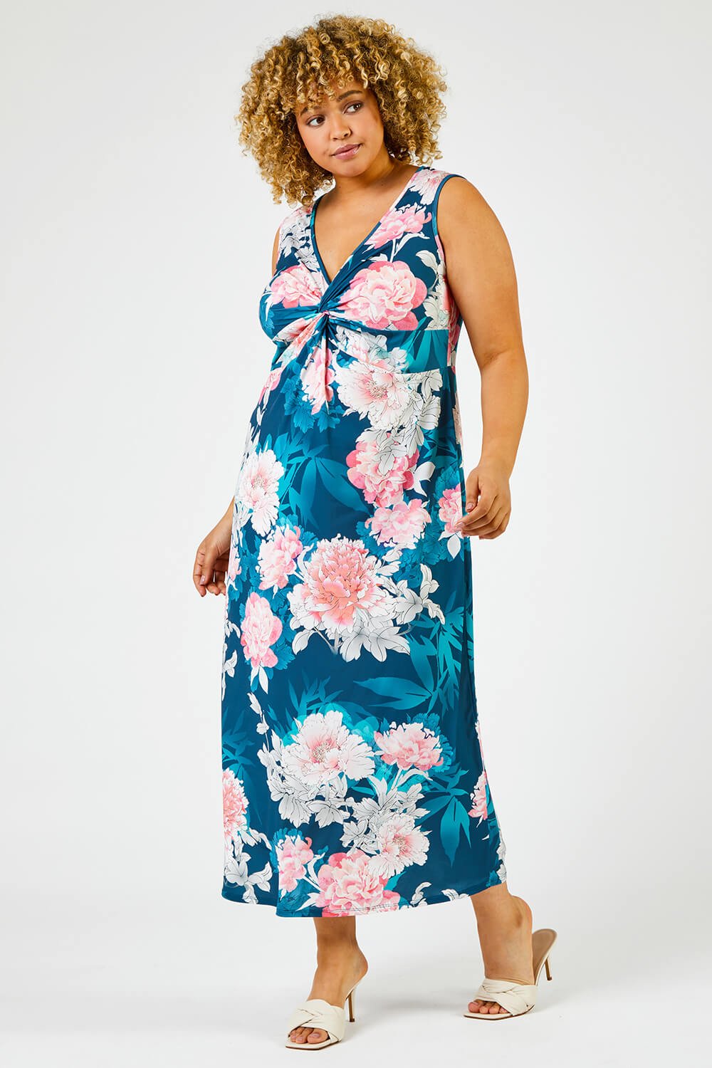 Teal Curve Floral Print Twist Ruched Midi Dress, Image 5 of 5