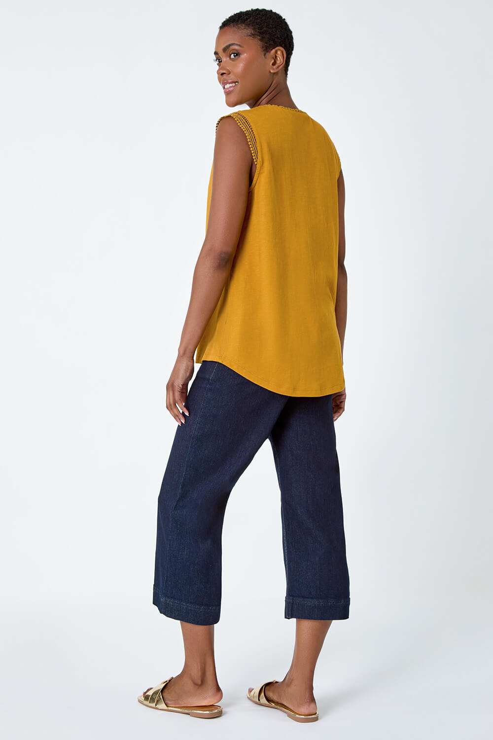 Ochre Sleeveless Lace Trim Cotton Top, Image 3 of 5