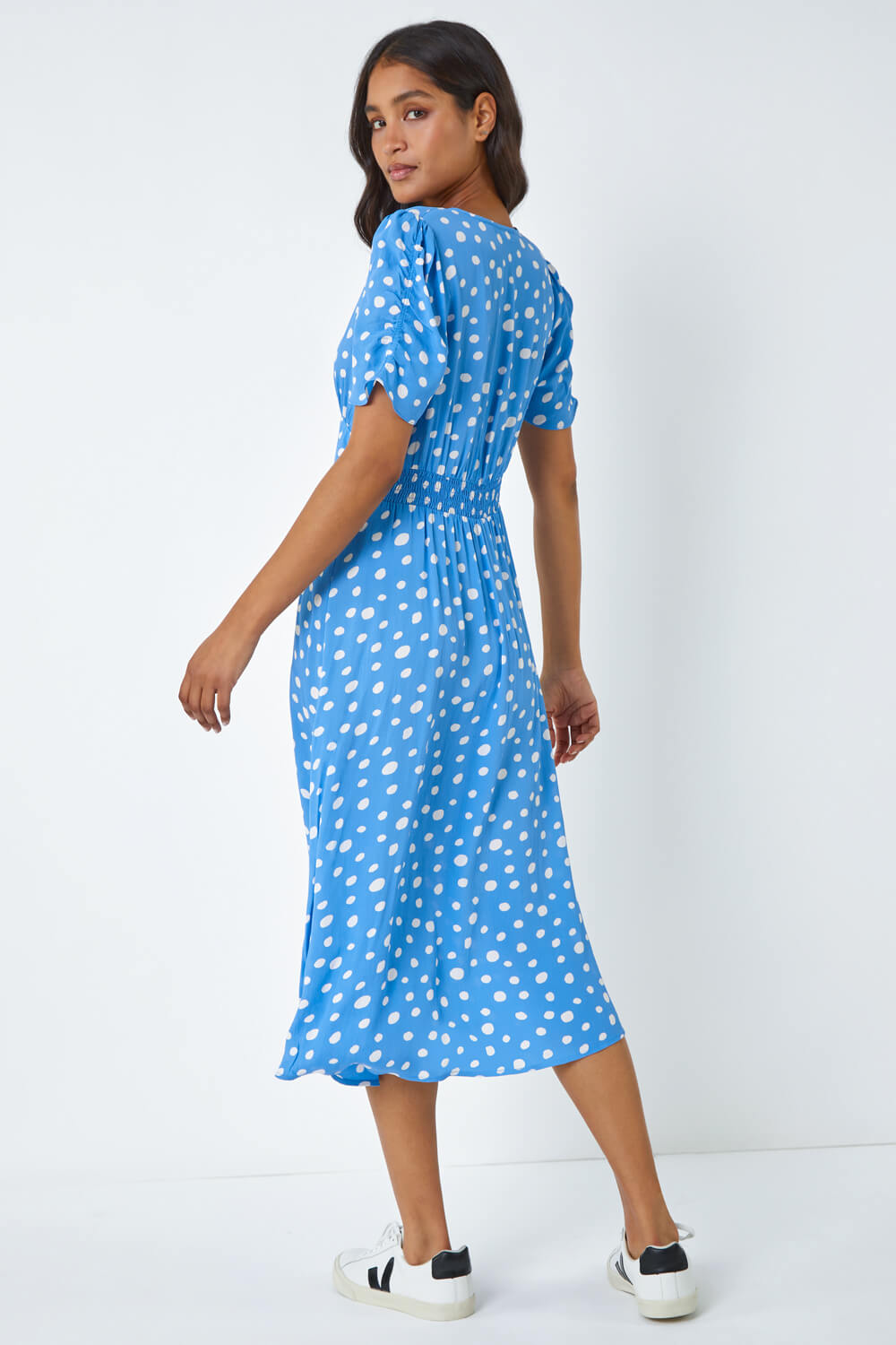Light Blue  Polka Dot Ruched Sleeve Midi Dress, Image 3 of 5