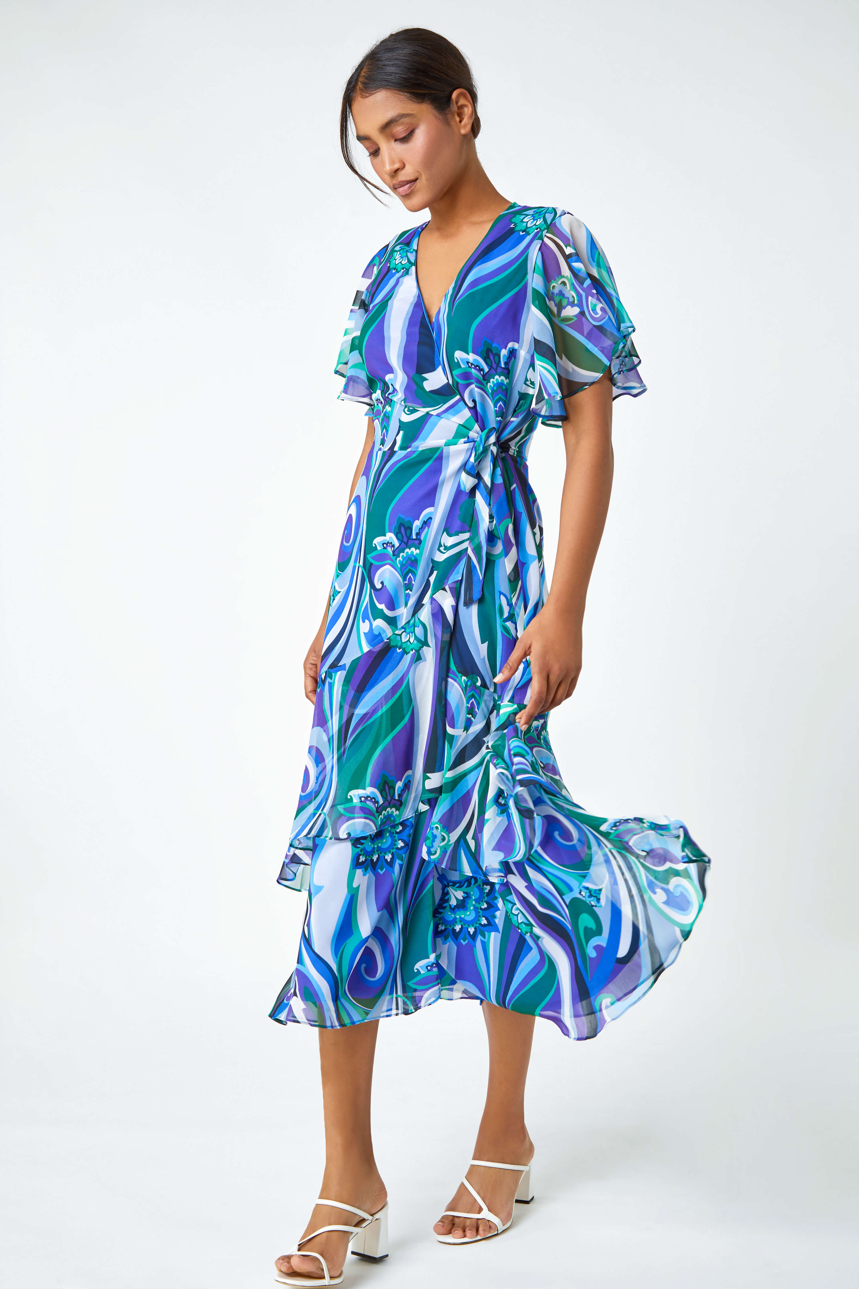 Blue Floral Swirl Print Tiered Midi Wrap Dress, Image 2 of 5