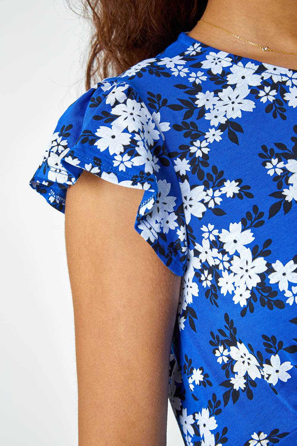 Royal Blue Floral Print Frill Sleeve Stretch Dress, Image 5 of 5