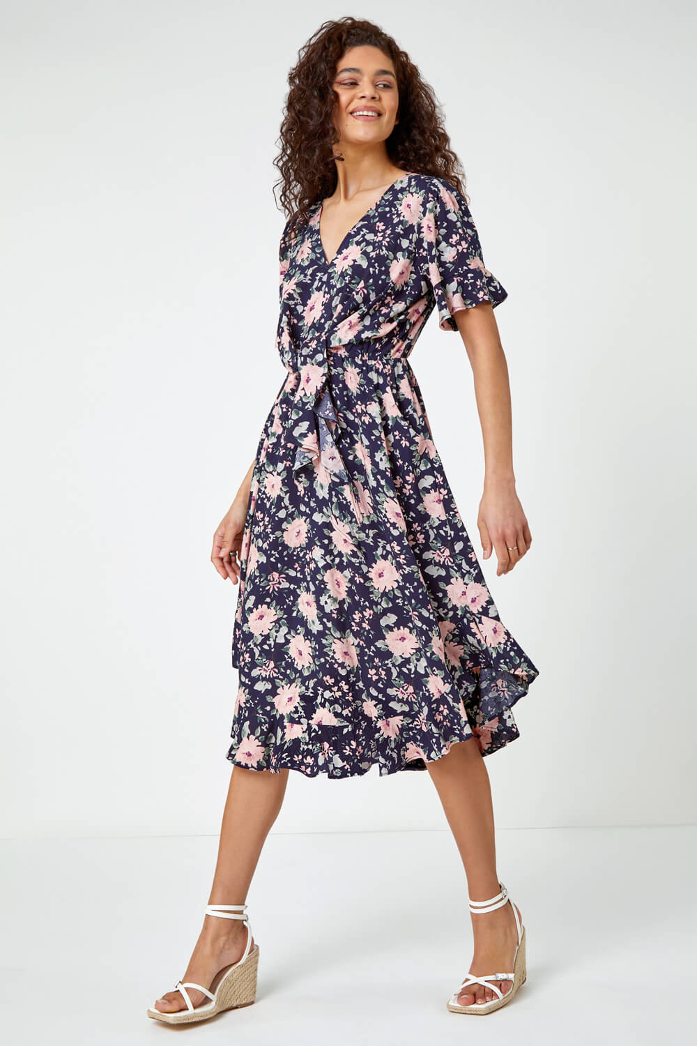 Navy  Floral Print Frill Front Midi Dress, Image 4 of 5