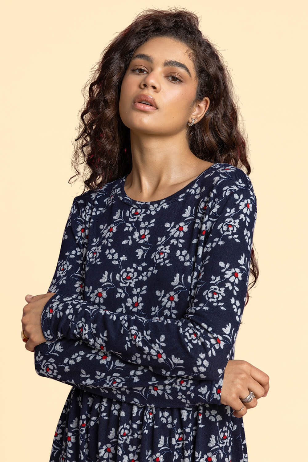 Navy  Floral Print Tiered Dress, Image 4 of 4