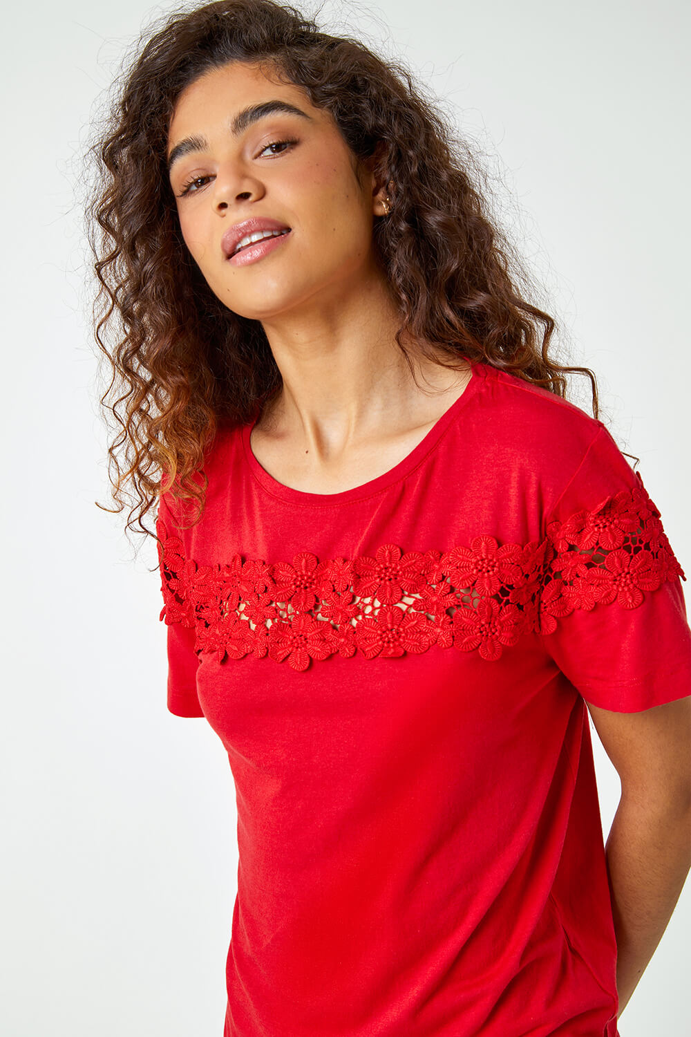 Red Lace Detail Jersey T-Shirt, Image 4 of 6
