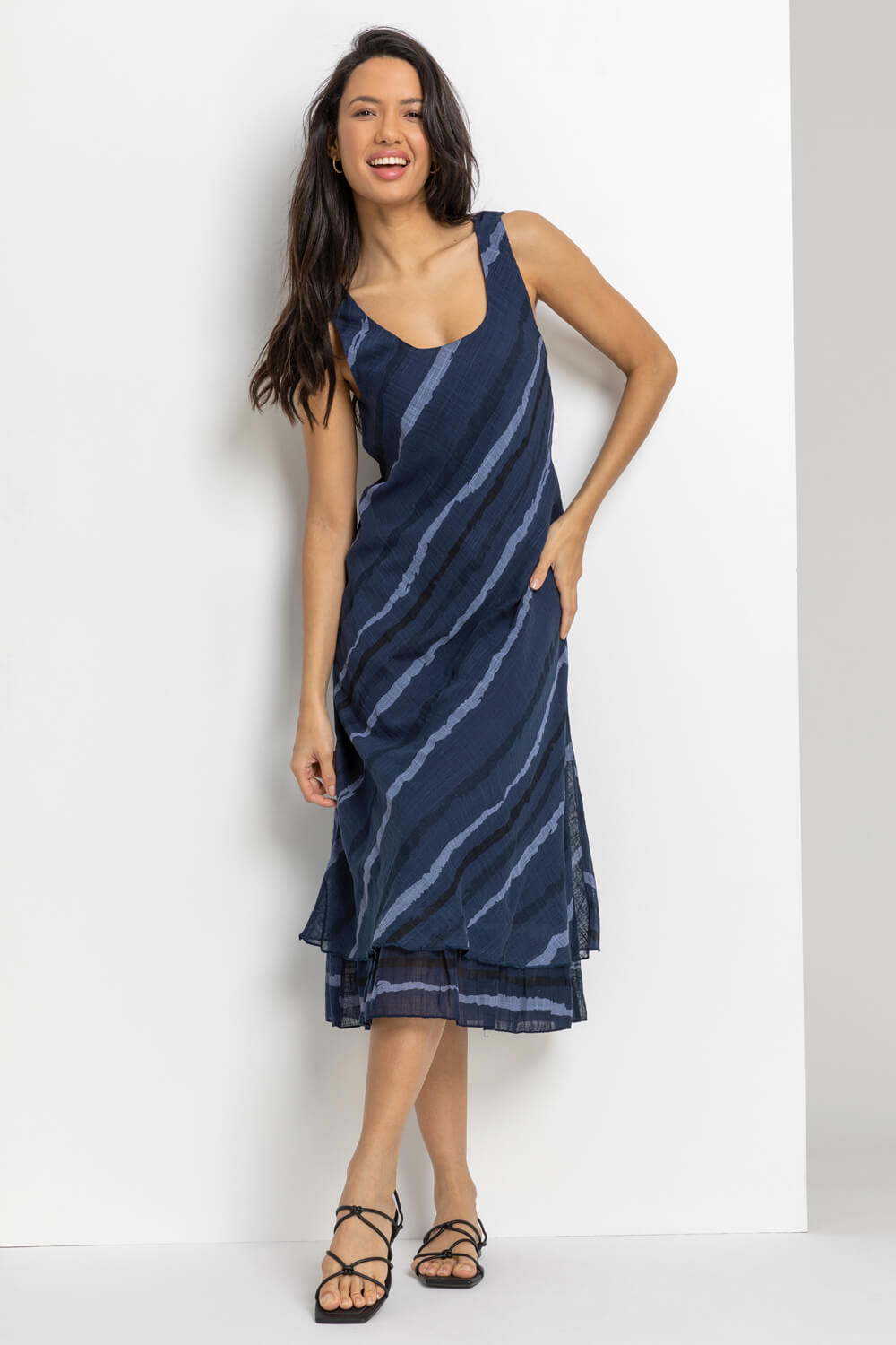 Navy  Stripe Print Layered Swing Dress, Image 2 of 4