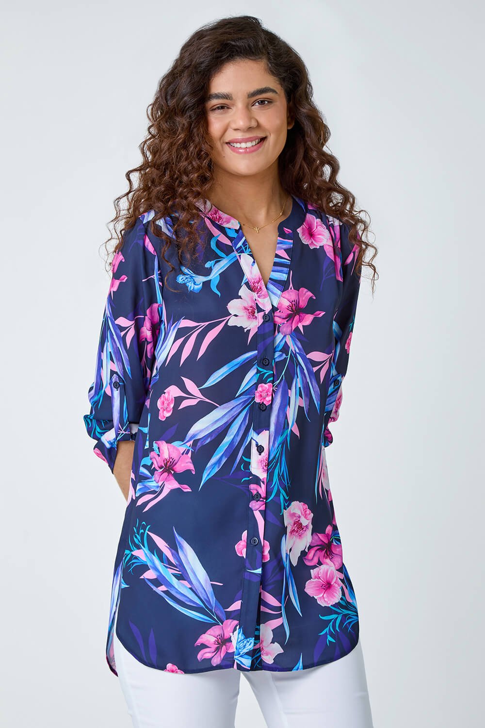 PINK Tropical Print Longline Blouse, Image 2 of 5