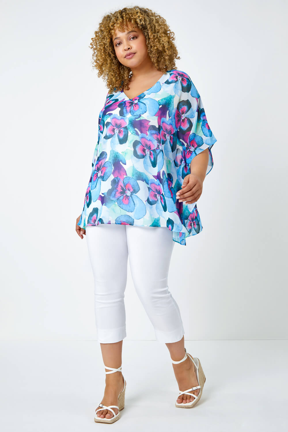 Blue Curve Floral Print Relaxed Top, Image 2 of 5