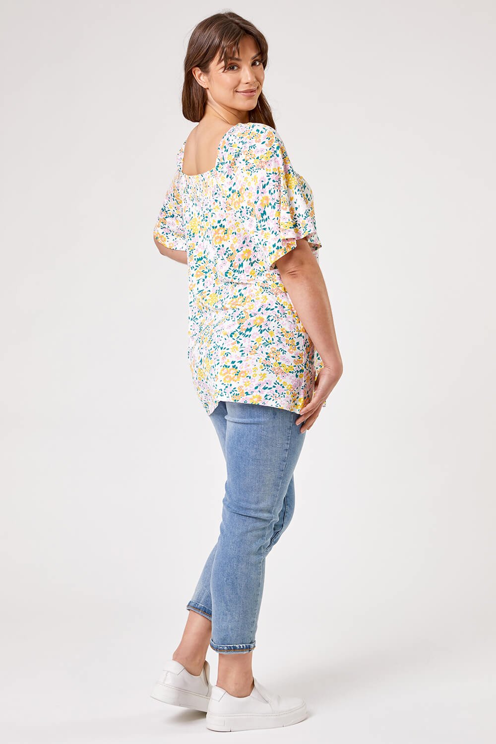 Ivory  Curve Ditsy Floral Print Longline Top, Image 2 of 5