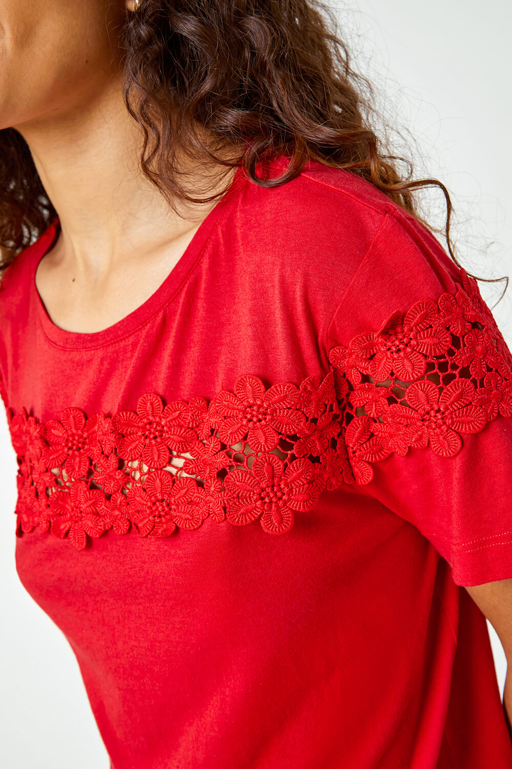 Red Lace Detail Jersey T-Shirt, Image 6 of 6