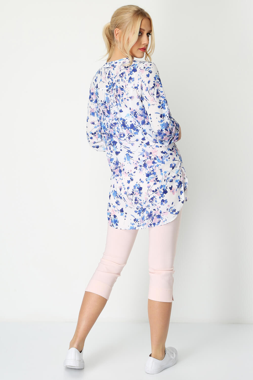 Blue Floral Print Roll Sleeve Shirt , Image 3 of 8