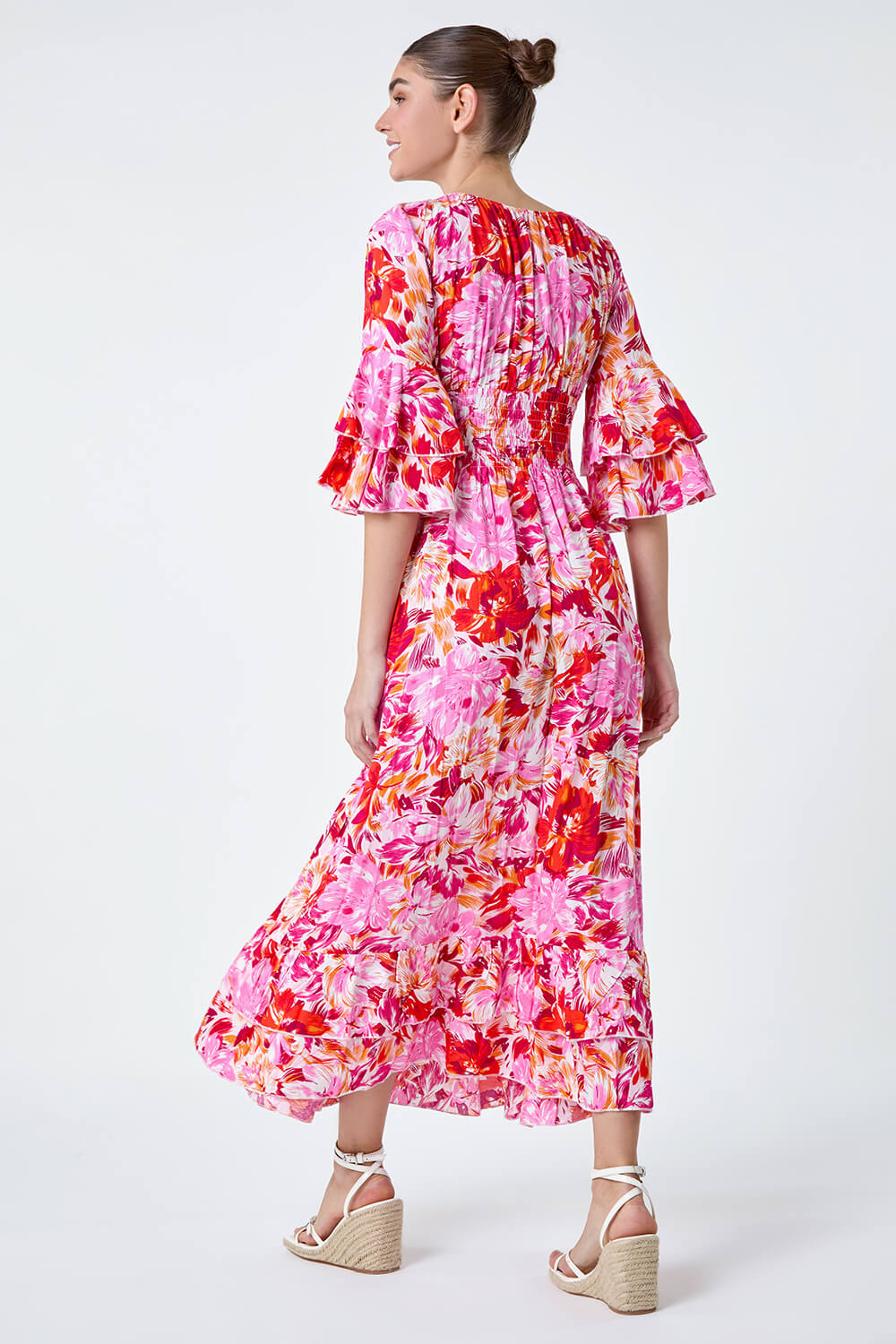 PINK Floral Ruffle Detail Shirred Maxi Dress, Image 3 of 5