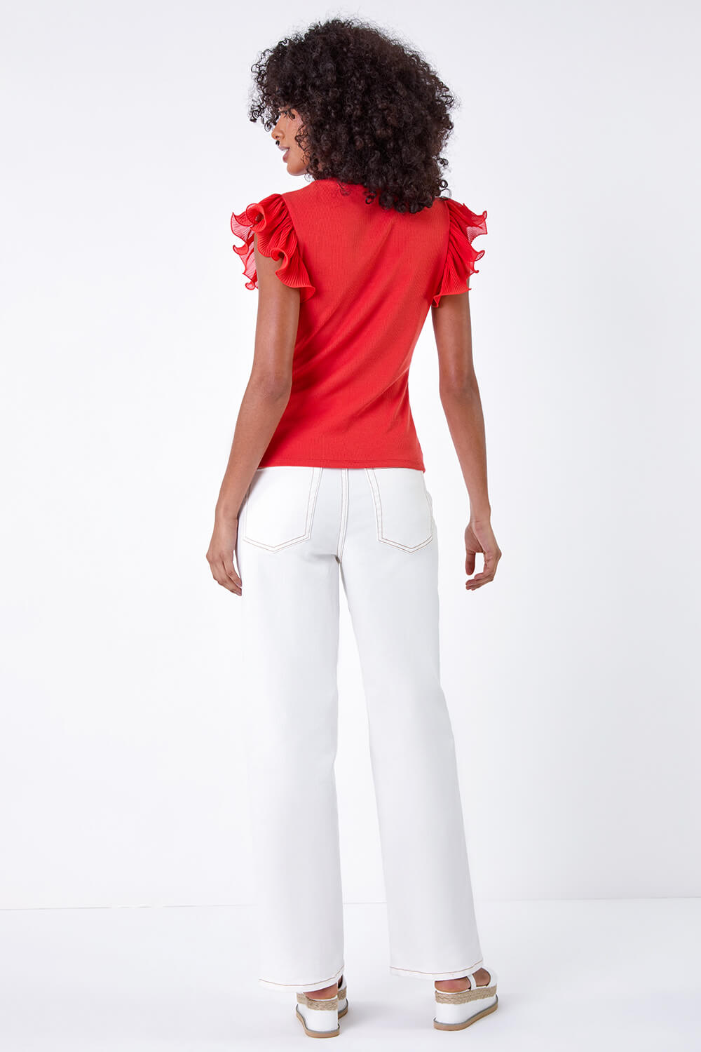 Red Ribbed Stretch Frill Detail Top, Image 3 of 5