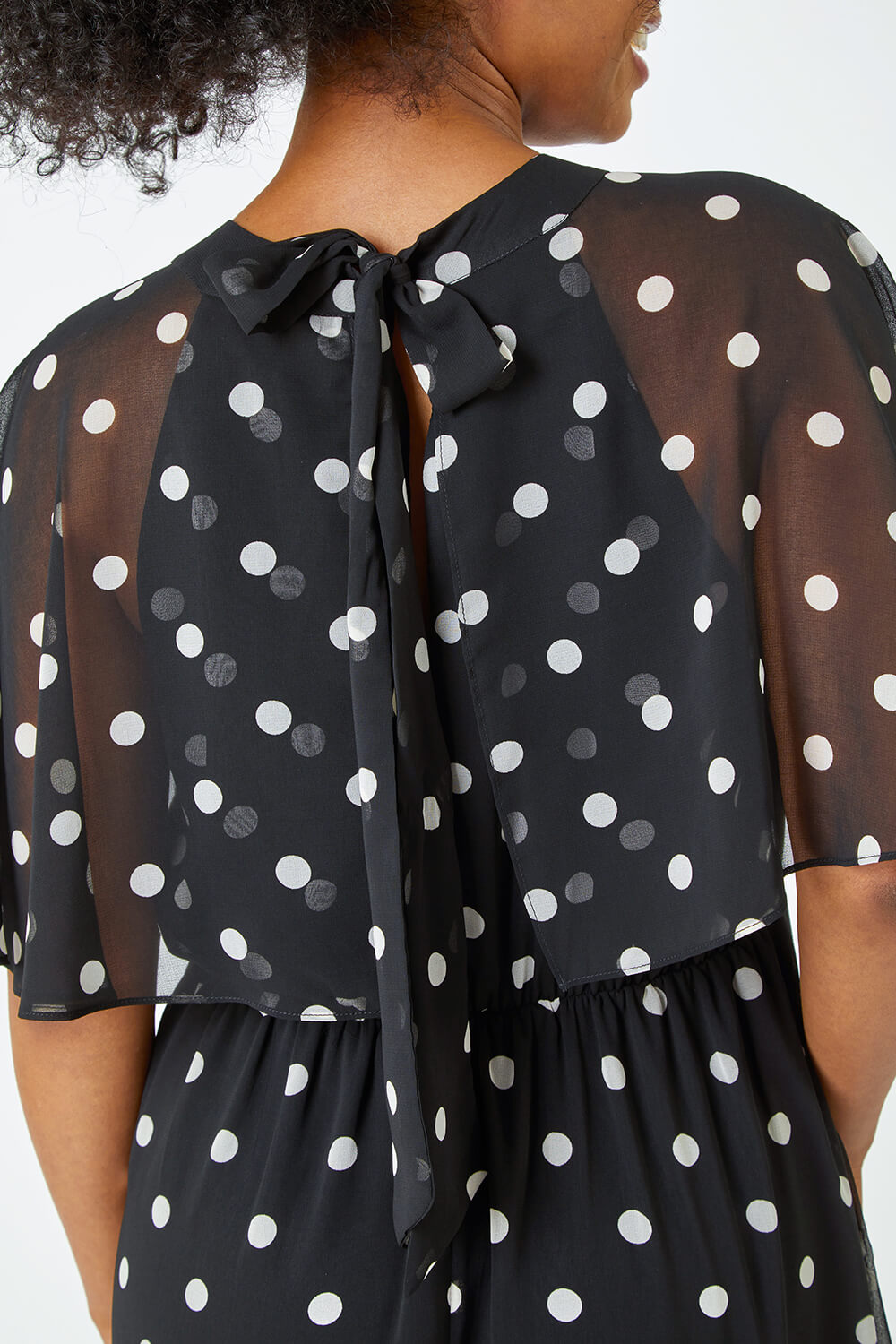 Black Petite Polka Dot Chiffon Midi Dress, Image 5 of 5