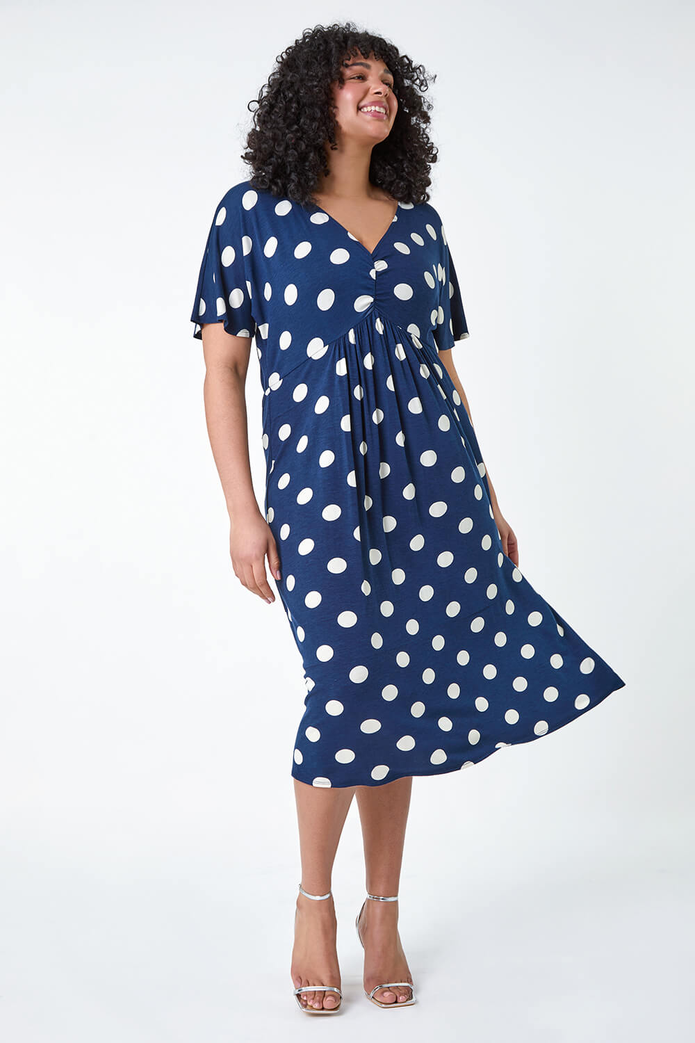 Navy  Curve Ruched Front Polka Dot Dress, Image 2 of 5